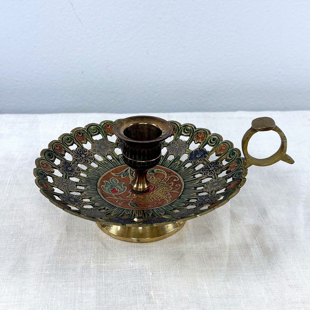 Vintage Brass Enamel Floral Chamberstick Candle Holder Filigree Openwork India